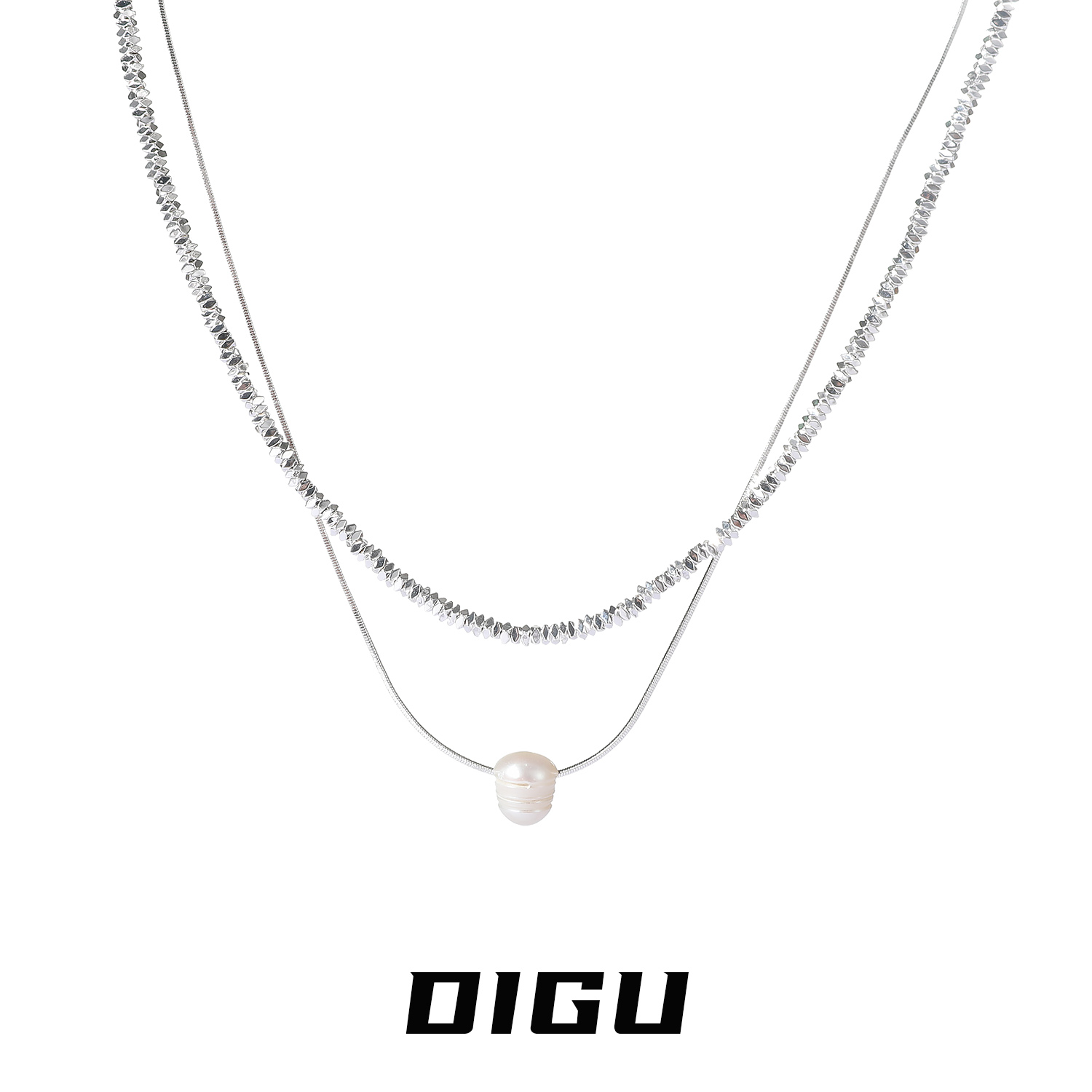 嘀咕家 铜合金项链 双层叠戴珍珠吊坠碎银感项链锁骨链两件套颈链