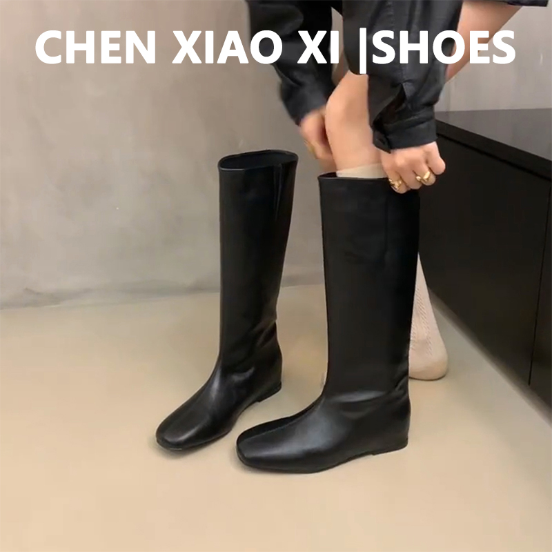 牛皮版！极简风复古圆头内增高长靴女弹力瘦瘦靴不过膝高筒骑士靴