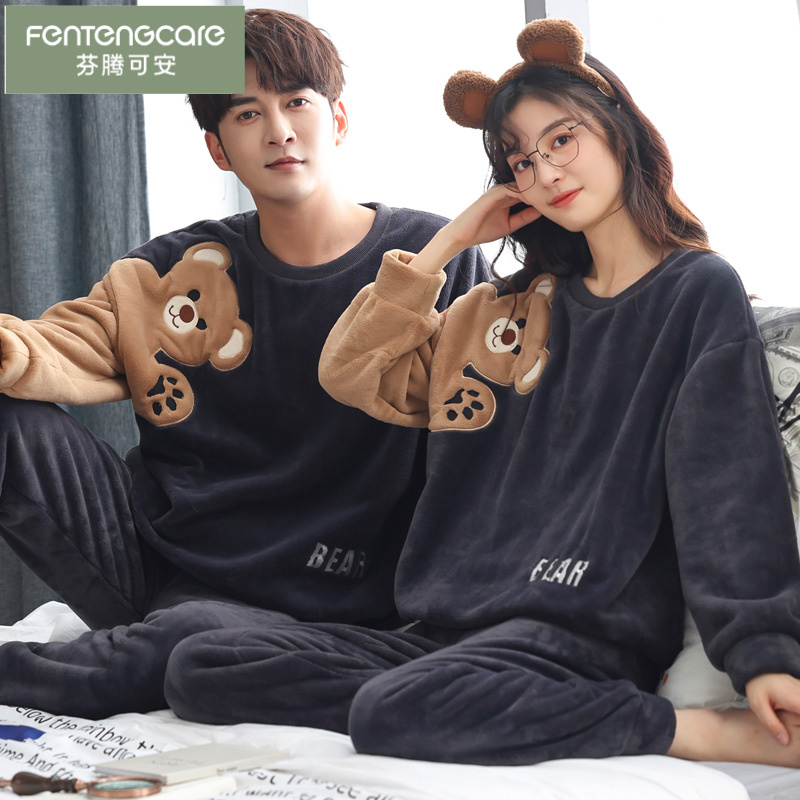 芬腾可安秋冬季情侣睡衣女珊瑚绒加绒卡通套头休闲法兰绒加厚男家