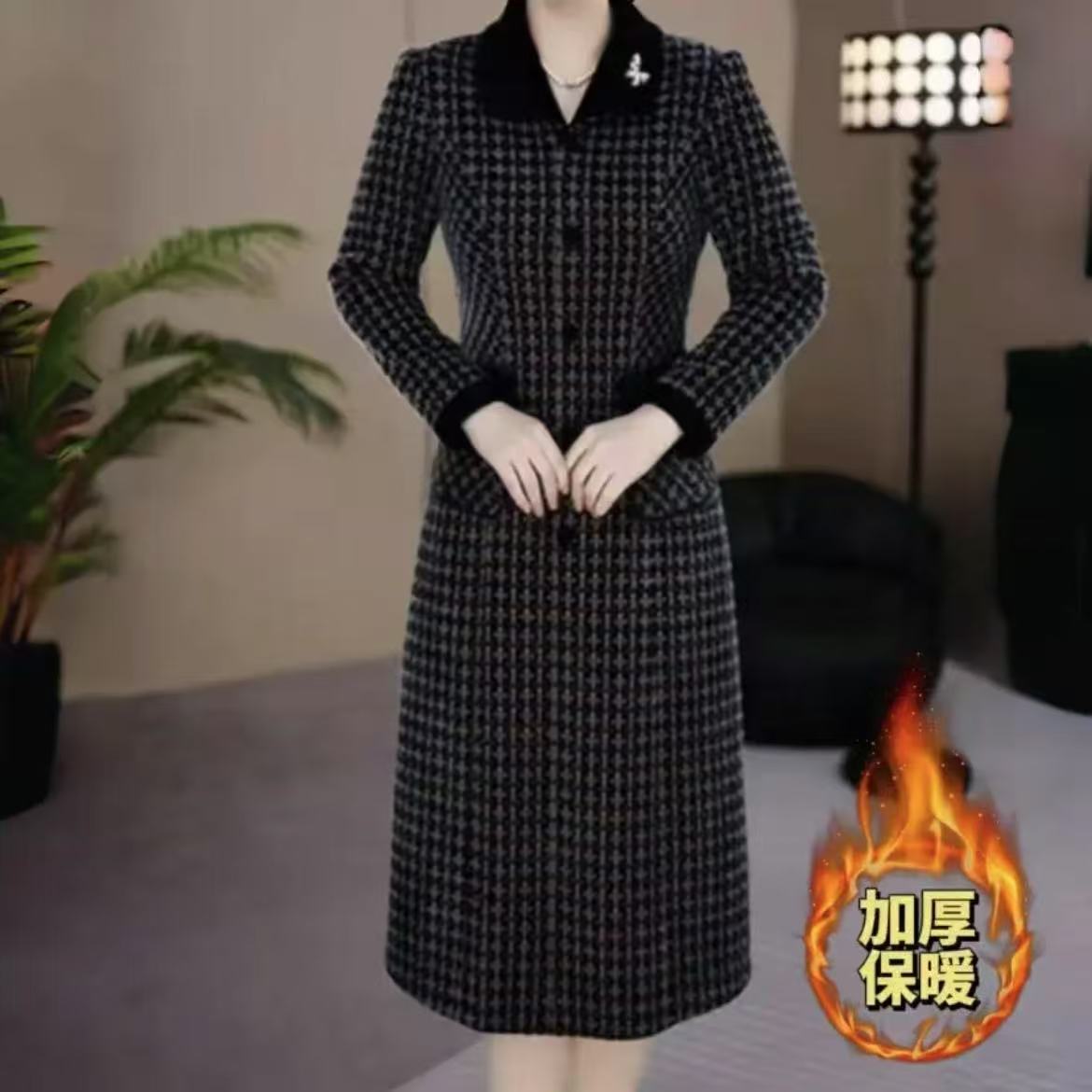 【吉遇优选】1788-09#新款加厚保暖金貂混纺雪花绒气质款连衣裙