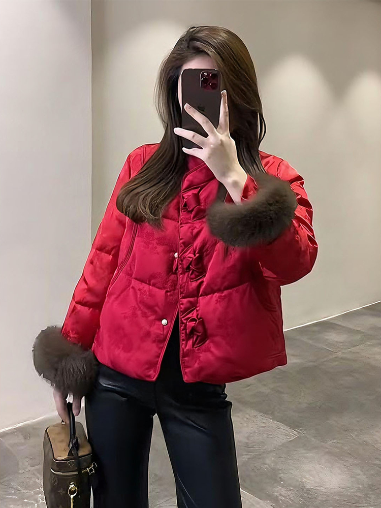 红色新中式棉服女款2025冬季新款复古国风改良短款加厚保暖外套