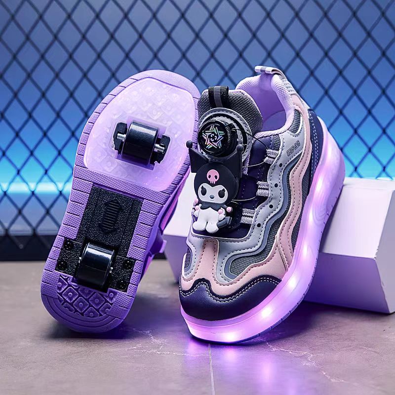 库洛米女童暴走鞋2025新款儿童运动鞋发光自动收缩双轮时尚滑轮鞋
