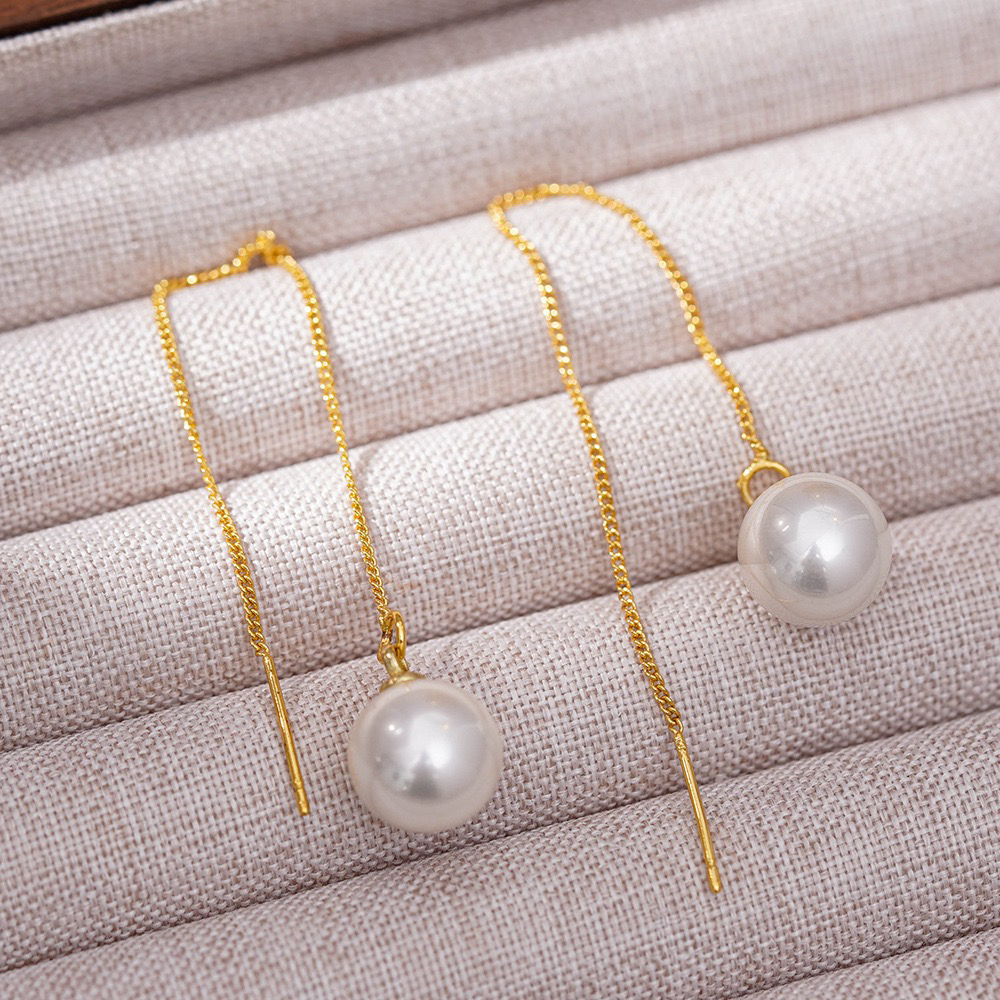 铜合金仿珍珠耳饰 耳线正圆极光优雅气质仙女长款耳钉耳饰