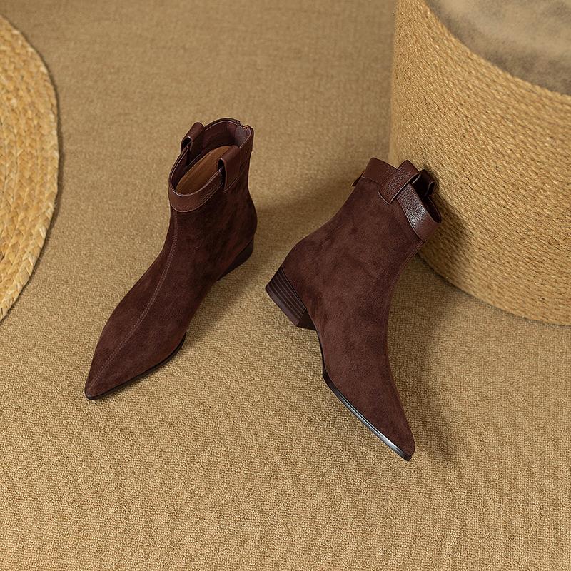 柔软羊皮翻毛皮覆古西部牛仔靴女粗跟短靴冬磨砂真皮尖头切尔西靴