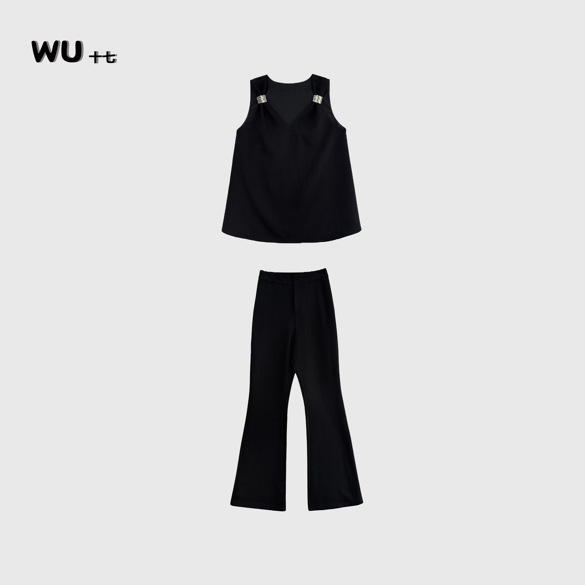 气质显瘦黑色套装女夏无袖V领背心上衣修身微喇长裤两件套2507055