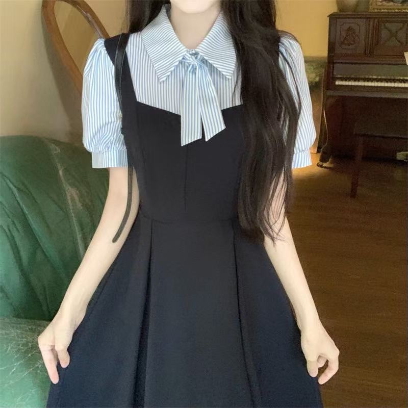 大码女装学院风文艺蝴蝶结短袖挡裙女收腰通勤衬衫裙气质学院风