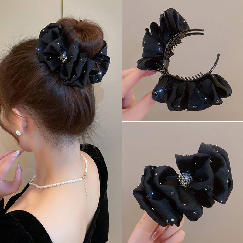 黑色镶钻蝴蝶结丸子头抓夹女新款固定发夹盘发神器高马尾头饰发饰