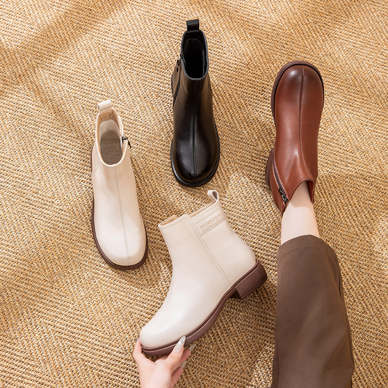 89569春秋新款2023妈妈鞋防滑女靴休闲舒适复古平底中老年圆头靴