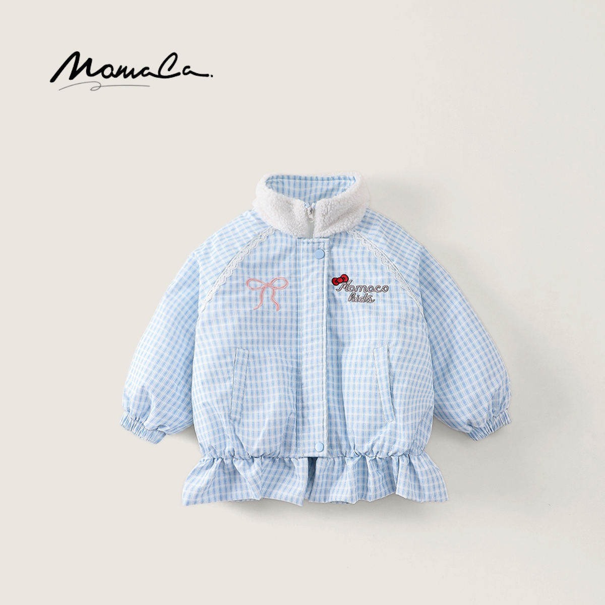 MOMOCO冬季2025新款女童小清新蓝白格加厚棉服外套77830107017