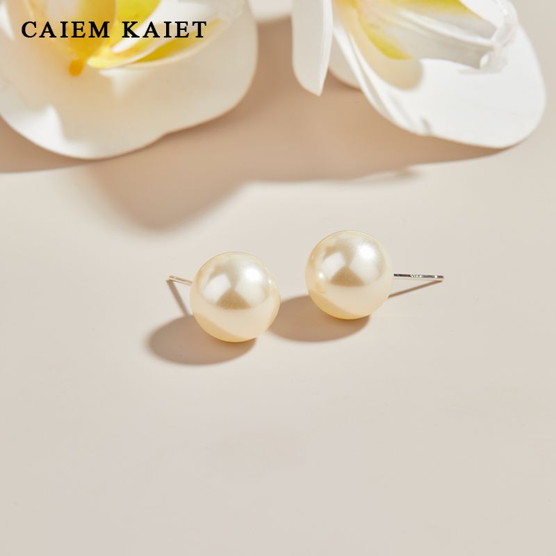CAIEM KAIET 925银耳饰 干桔玫瑰施家正圆珍珠耳钉女法式复古耳环