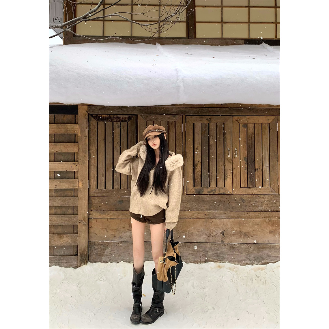 连帽毛领慵懒冬季短款气质时尚毛衣外套新款宽松针织开衫秋冬上衣