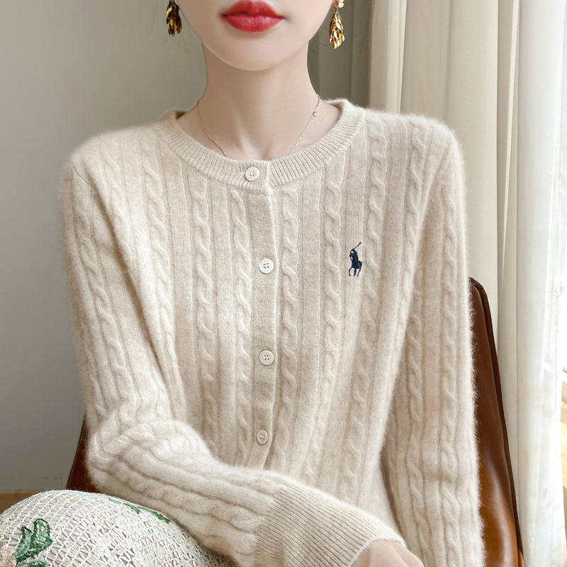 小马刺绣针织衫女开衫圆领羊毛衫麻花上衣2025秋冬宽松外套毛衣