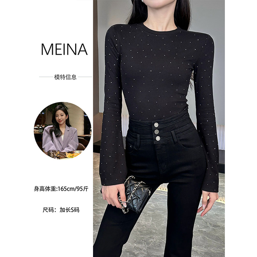 MEINA【繁星点点】秋冬百搭气质烫钻设计圆领修身显瘦打底衫上衣