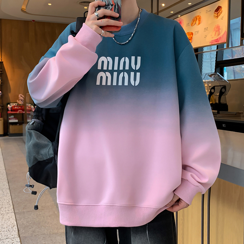 春秋季青少年新款时尚百搭渐变卫衣字母宽松印花套头卫衣男潮流