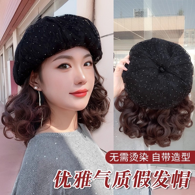帽子假发一体秋冬时尚蕾丝满钻贝雷帽短卷发一体式全头套式假发帽