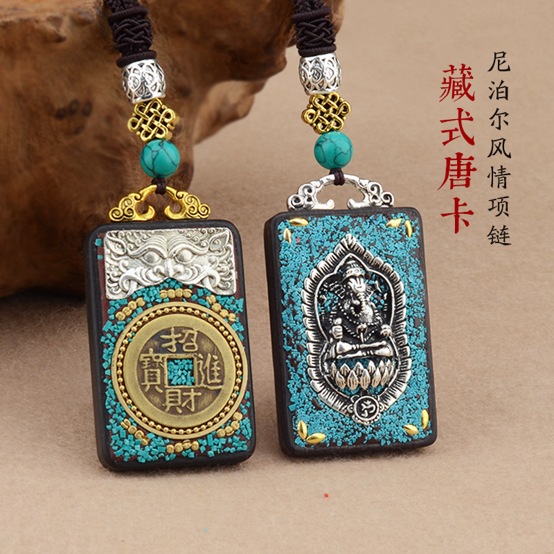 非金属木质项链 藏式象唐卡无事牌民族风黑檀木吊坠女毛衣链复古