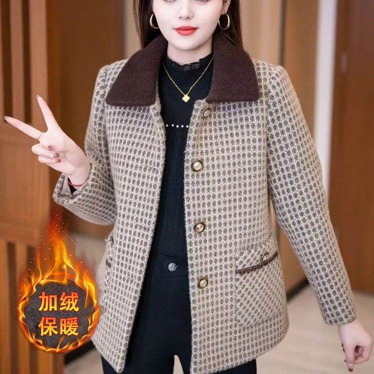 2025年春秋冬款气质时尚洋气中老年精致妈妈装格子加绒短外套