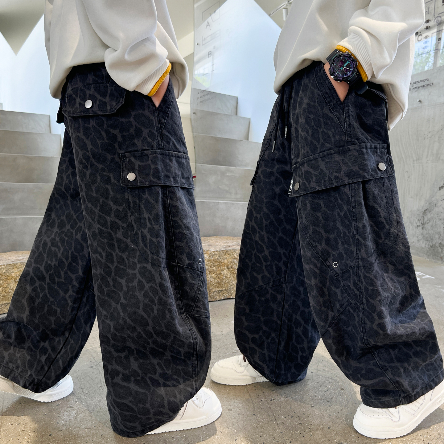 男童加绒迷彩豹纹工装裤子秋冬款2025新款加绒长裤儿童中大童男孩