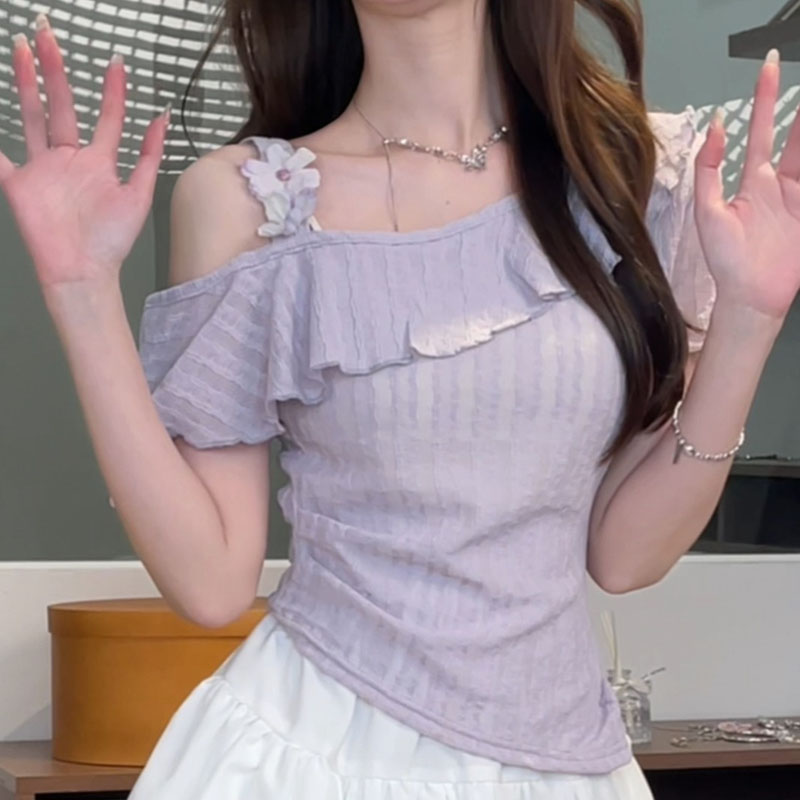 【8796】大码女装胖mm甜美风花朵吊带斜肩上衣夏季百搭漂亮短袖T恤