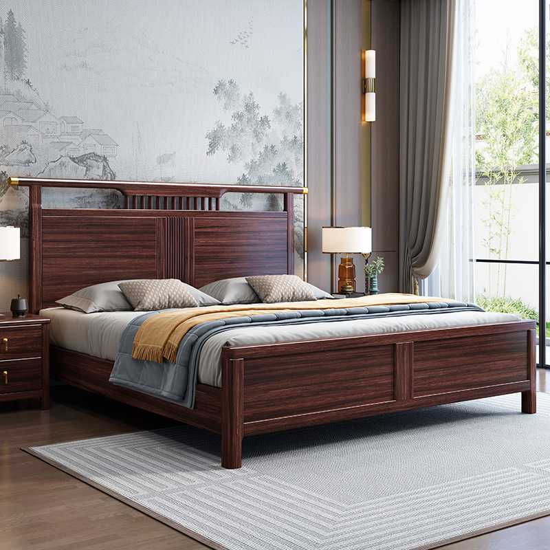 9901A乌金木实木床新中式双人床现代简约主卧婚床高箱储物床