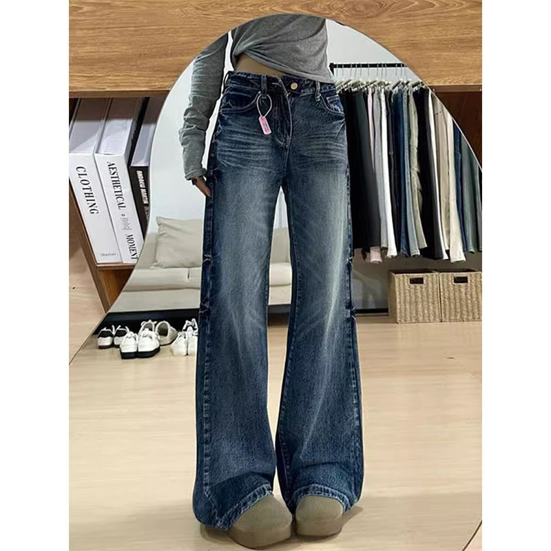 美式复古高腰微喇牛仔裤女夏季新款宽松显瘦设计阔腿长裤拖地裤子
