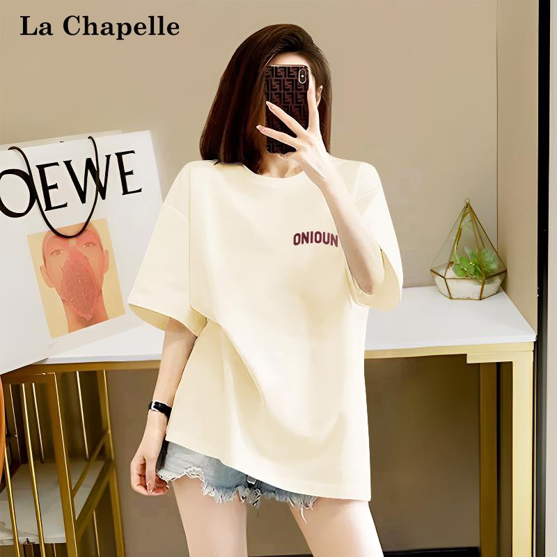 拉夏贝尔米色宽松大码显瘦女士T恤2025新款纯棉春夏小众休闲衣服