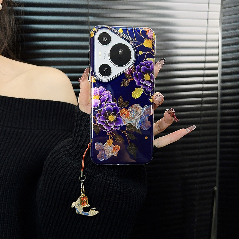 适用华为p70pro手机壳新款p70套huawei锡纸纹花朵小众鱼挂件女款+