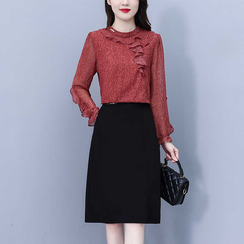 秋季新款时尚拼接收腰显瘦假两件红色碎花荷叶边黑色连衣裙2992#