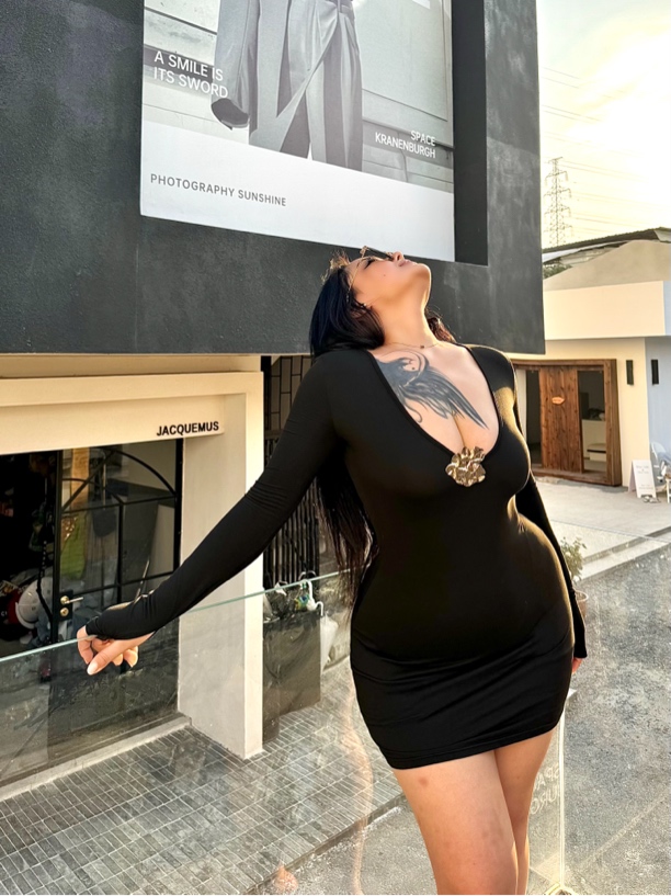 BBWootd大码欧美性感低v领时尚春秋包臀裙黑色气质蕾丝连衣裙秋冬