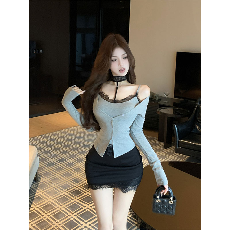 2025年早秋新品纯欲少女蕾丝挂脖吊带开衫黑色蕾丝边包臀裙三件套