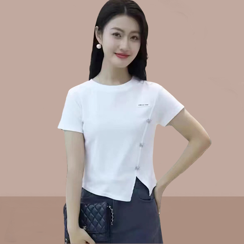 高含棉修身短袖t恤女夏季2026新款设计感洋气开叉正肩短款上衣