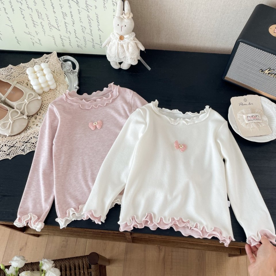 秋季2025新款长袖蝴蝶结纯色花边女童百搭打底衫圆领甜美