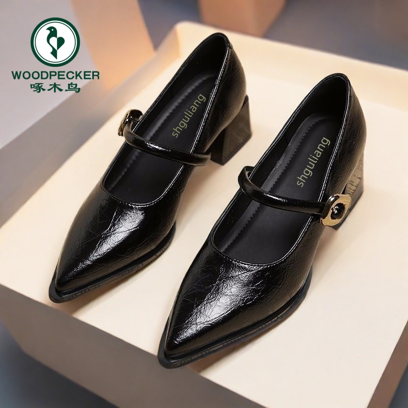 啄木鸟法式尖头玛丽珍鞋春秋2025新款粗跟单鞋黑色小皮鞋大码女鞋