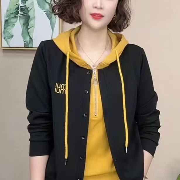 高档太空棉春季新款时尚洋气长袖连帽打底假两件卫衣休闲减龄上衣