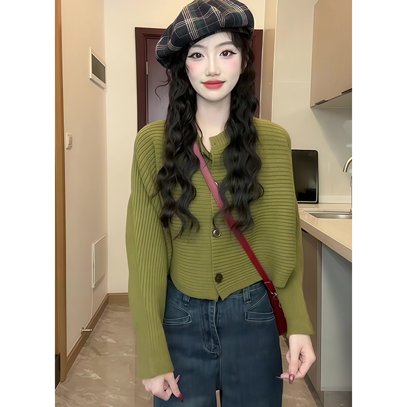 韩系宽松显瘦圆领蝙蝠袖毛衣开衫女2025网红复古针织外搭显瘦上衣
