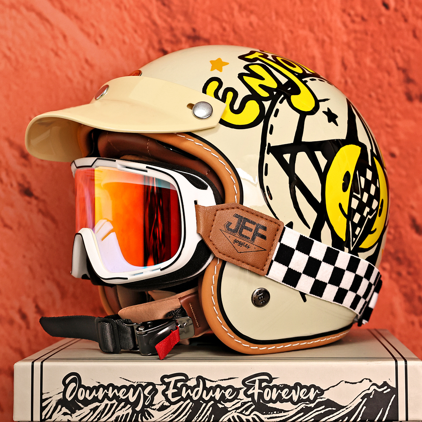 JEF复古头盔内置镜3C踏板四季盔骑行电动摩托车巡航四分之三盔