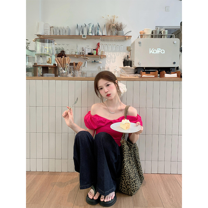 2025新款女士夏季时尚穿搭泡泡袖一字肩衬衫上衣高腰宽松阔腿裤