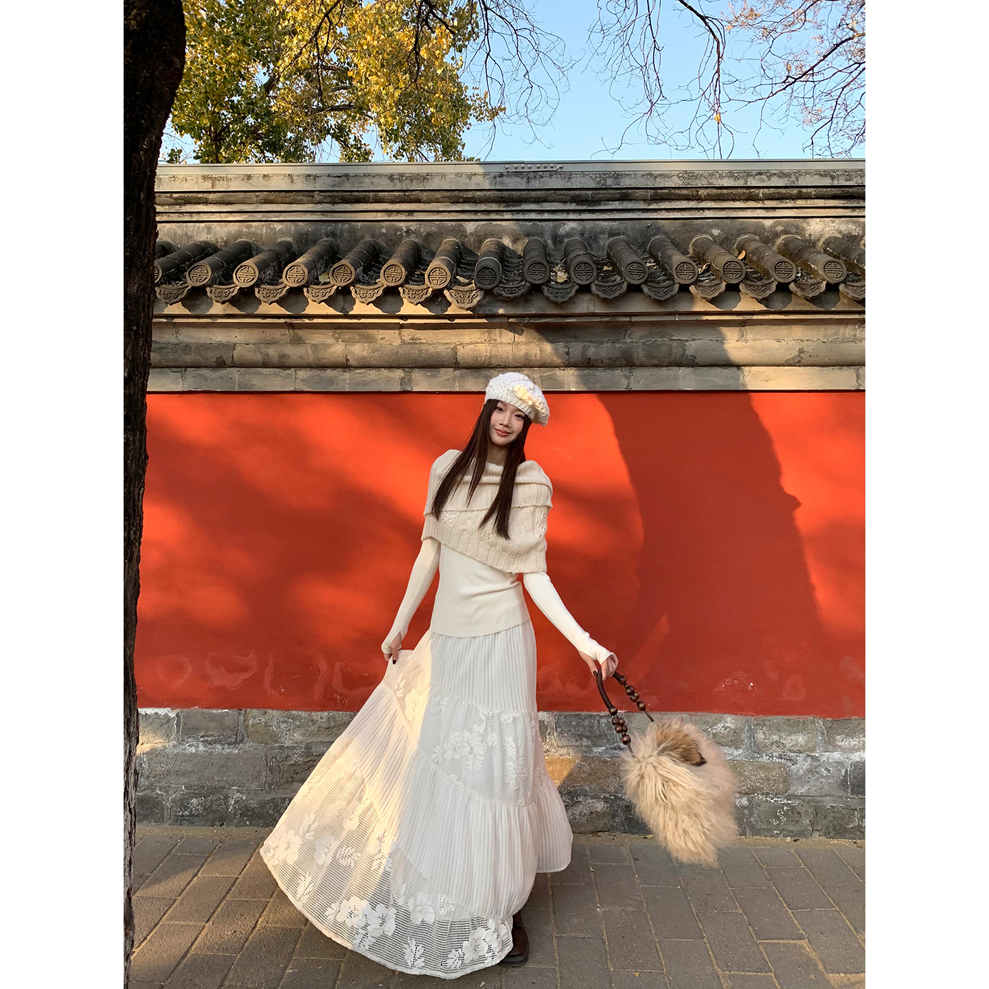 【天鹅绒半身裙】冬季温柔蕾丝针织拼接A字显瘦白色半身裙253X3780