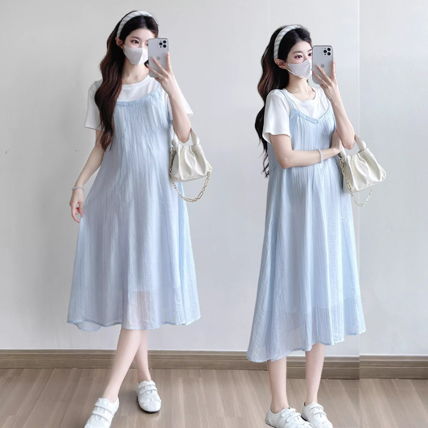 孕妇装夏装2025新款孕妇连衣裙假两件上衣短袖孕妈妈高级感穿搭