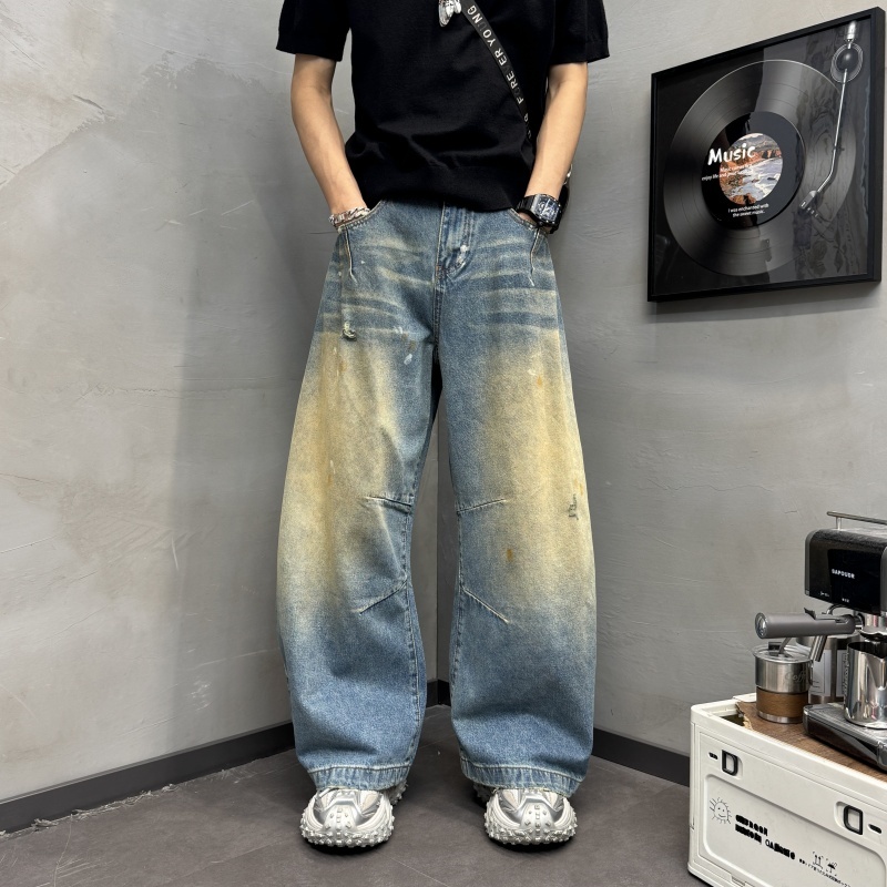 弯刀复古做旧涂鸦牛仔裤2025新款男士时尚美式做旧弯刀男士牛仔裤