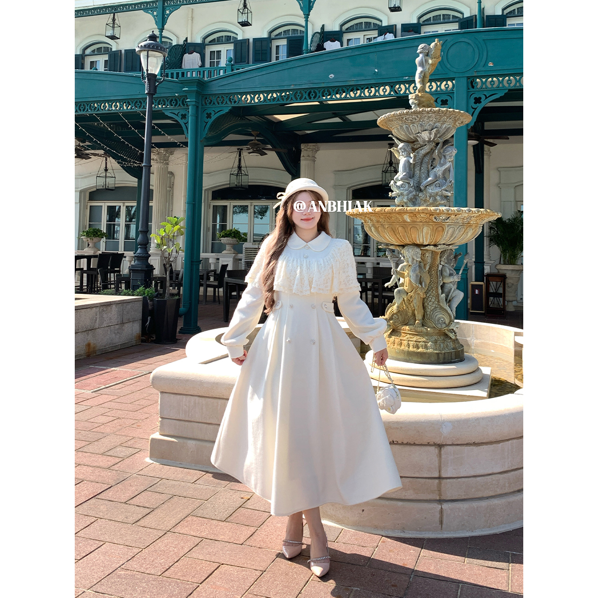 安妮不火【雪国千金笺】气质收腰蕾丝斗篷呢子冬季连衣裙A253Q0595