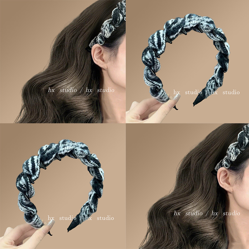 小众配色~秋冬加厚粗毛线宽边带齿发箍女蓬松高颅顶防滑齿梳头箍