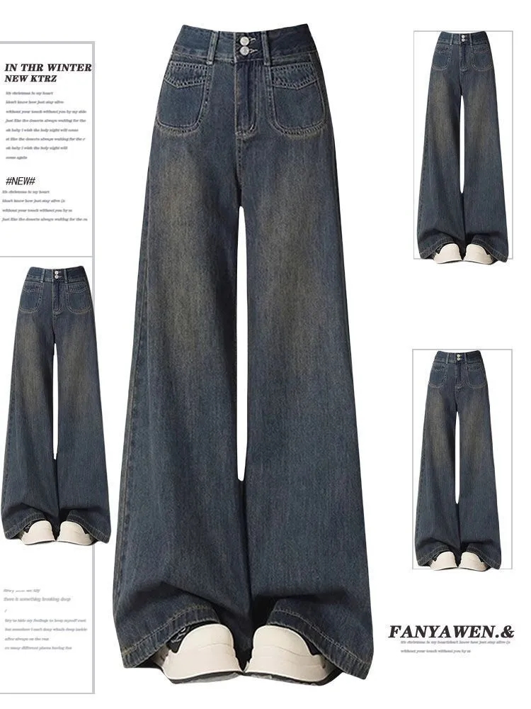 美式复古深蓝高腰阔腿牛仔裤女2025秋季新款宽松慵懒垂感直筒长裤
