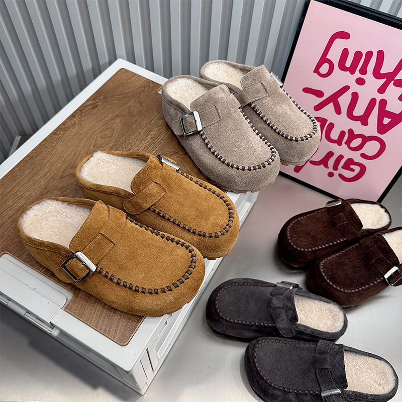 复古勃肯鞋女2025秋冬新款内增高包头半拖鞋羊羔绒毛毛鞋加绒棉鞋