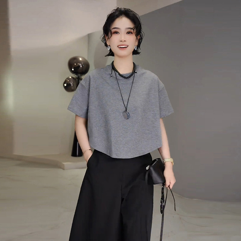 通勤百搭圆领短袖T恤女2025夏季新款宽松显瘦小众简约纯色上衣潮