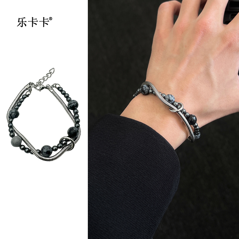 钛钢手链 小众情侣款手饰雪花石饰品黑胆石缠绕串珠手链男女轻奢