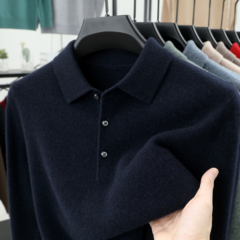 甄选羊毛市100%纯羊毛衫翻领中年男士纯色加厚毛衣针织打底衫男装