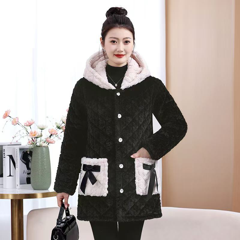 女士冬季加绒加厚短款连帽罩衣宽松保暖棉衣棉服外套中长款洋气