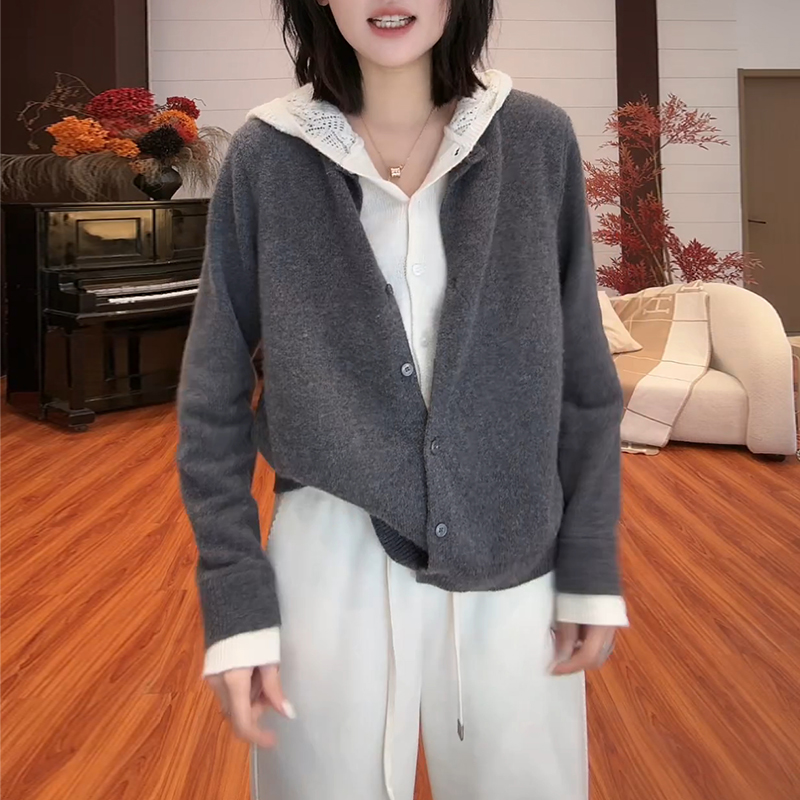 SHALLDOER 时尚拼色针织上衣女连帽开衫设计感小众纽扣百搭时髦