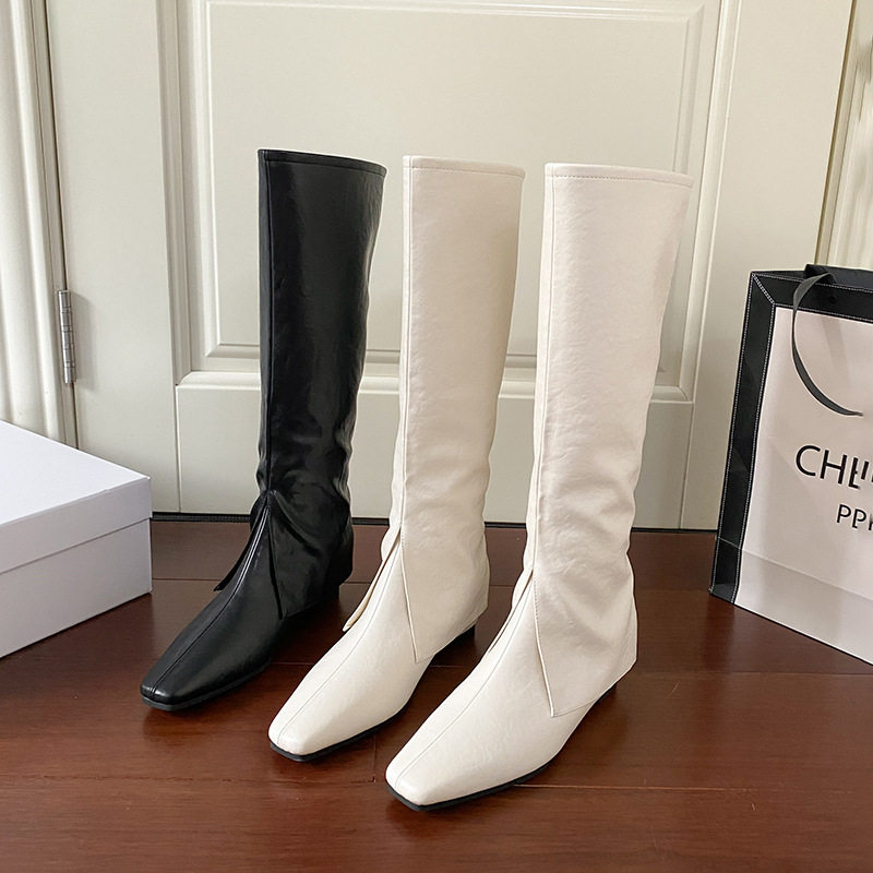米白色方内增高裤管靴女秋冬2025新款长筒靴油皮显瘦百搭长靴女